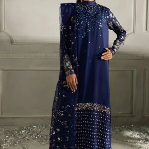 Navy Blue Long Sleeve Embellished Dress